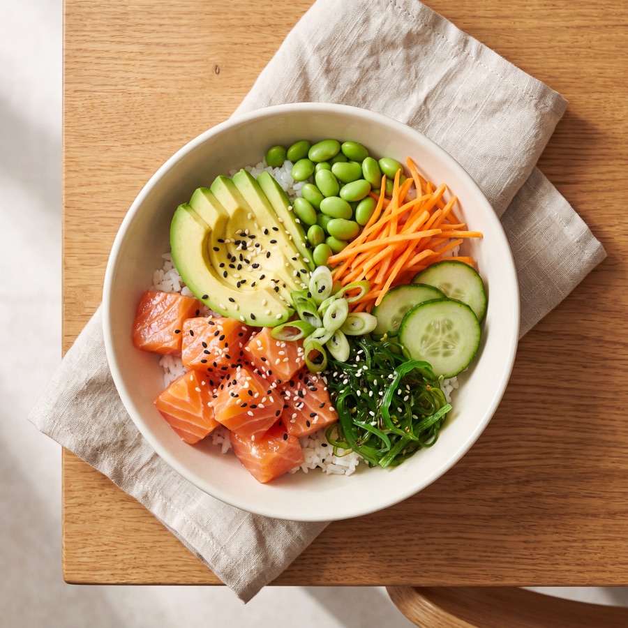 Un poke bowl au saumon, vu de dessus
